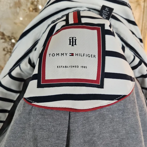Tommy Hilfiger Navy Blue and White Striped Trench Coat - Picture 13 of 16